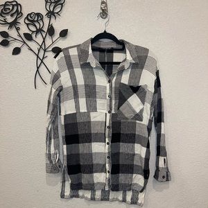 TOPSHOP Plaid Top Buffalo Check Button Up Shirt Black Grey White Size 6